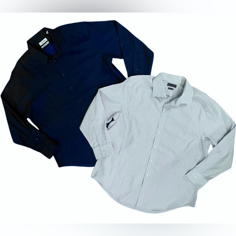 Lot of 2 MEN’S CALVIN KLEIN DRESS SHIRTS size Large 17.5 32-33 Slim Fit